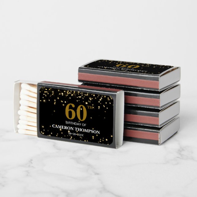Gold Confetti Black Customizable 60 birthday  Matchboxes (Stacked)