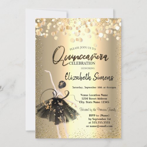 Gold ConfettiBlack Dress Ballerina Quinceaera Invitation