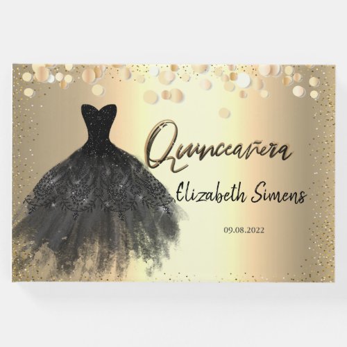 Gold Confetti Black Dress Quinceaera  Guest Book