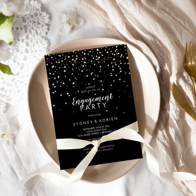 Gold Confetti|Black Engagement Party Gold Foil Invitation (Creator Uploaded)