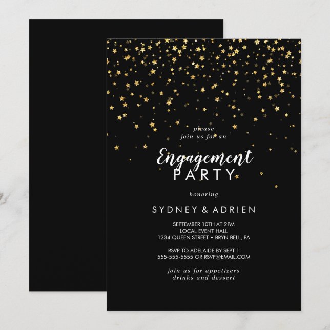 Gold Confetti | Black Engagement Party Invitation (Front/Back)