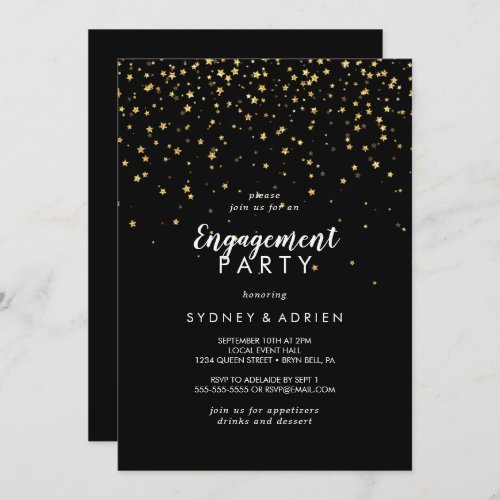 Gold Confetti  Black Engagement Party Invitation