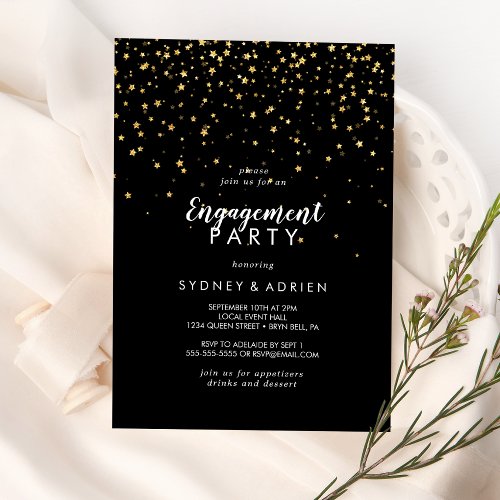 Gold Confetti  Black Engagement Party Invitation