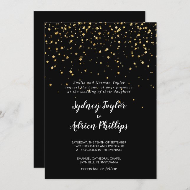 Gold Confetti | Black Formal Wedding Invitation (Front/Back)