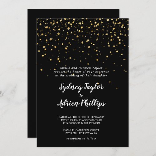 Gold Confetti  Black Formal Wedding Invitation