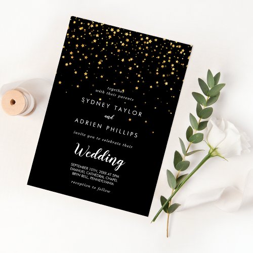 Gold Confetti  Black Front and Back Wedding Invitation
