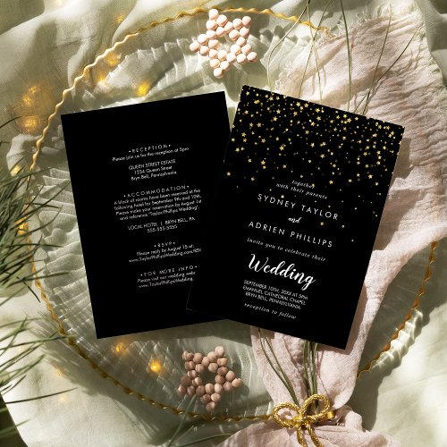 Gold Confetti  Black Front and Back Wedding Invitation