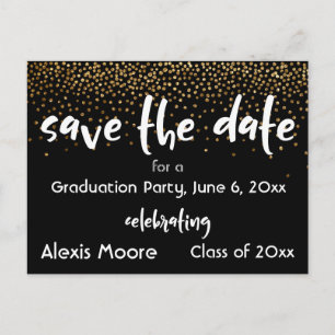 Gold Confetti Black Graduation Party Save the Date Announcement Postcard