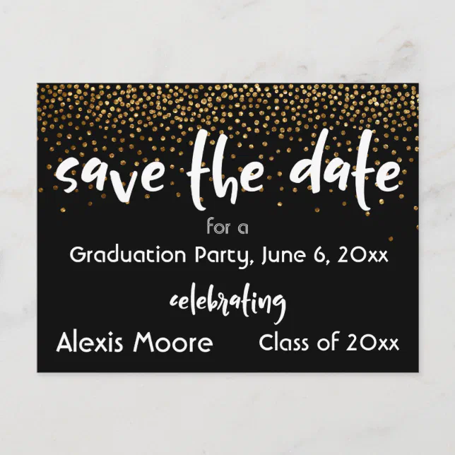 Gold Confetti Black Graduation Party Save the Date Announcement ...