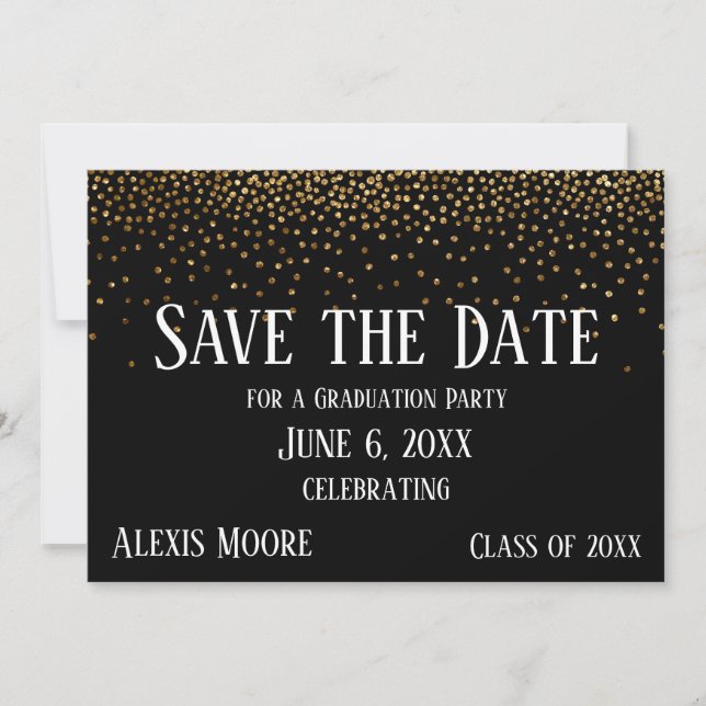 Gold Confetti Black Graduation Party Save the Date Invitation (Front)