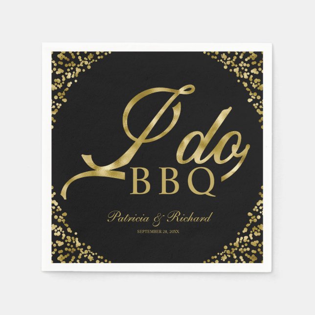 Gold Confetti Black I Do BBQ Engagement Party Napkins (Front)