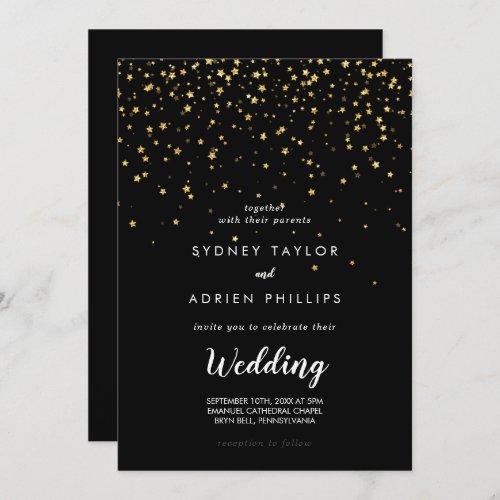 Gold Confetti  Black Informal Wedding Invitation