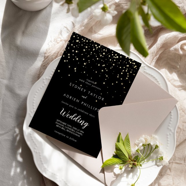 Gold Confetti|Black Informal Wedding Real Gold Foil Invitation (Creator Uploaded)