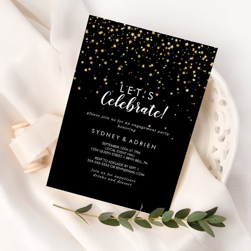 Gold Confetti  Black Lets Celebrate Party Invitation