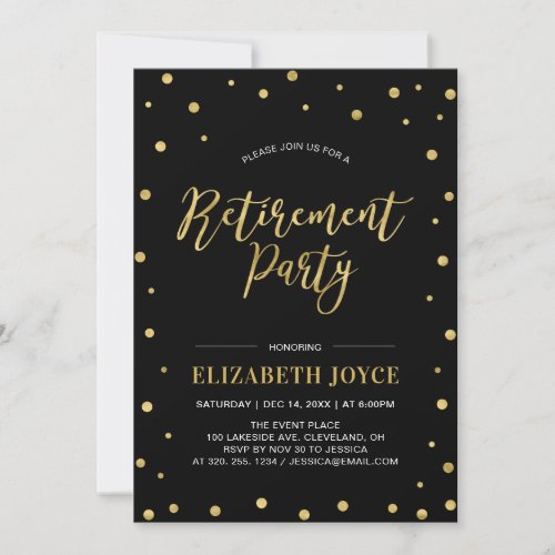 Gold Confetti  Black  Modern Retirement Party Invitation