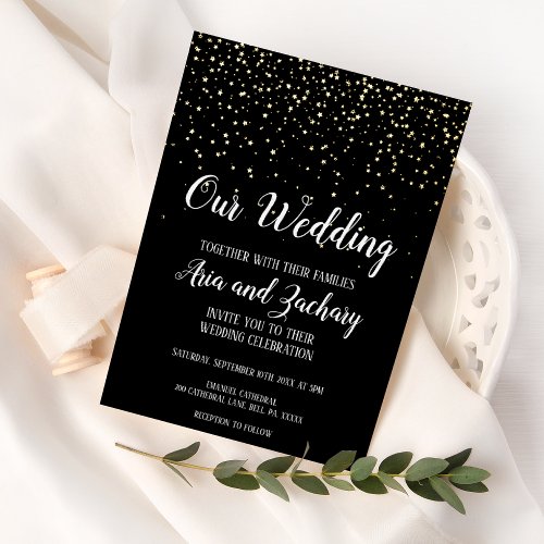 Gold ConfettiBlack Our Wedding  Foil Invitation