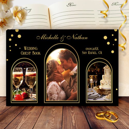 Gold Confetti Black Photo Wedding  Guest Book