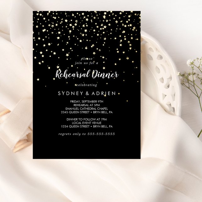 Gold Confetti|Black Rehearsal Dinner Gold  Foil Invitation (Creator Uploaded)