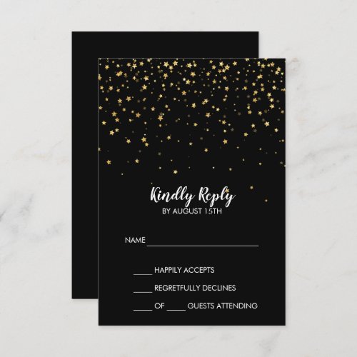 Gold Confetti  Black Simple Wedding RSVP Card