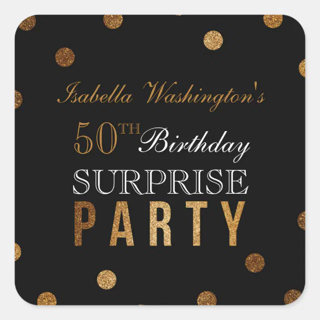 Gold Confetti & Black Surprise Birthday Party Square Sticker | Zazzle
