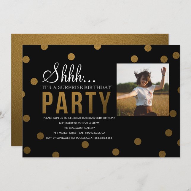 Gold Confetti & Black Surprise Party Invitation (Front/Back)