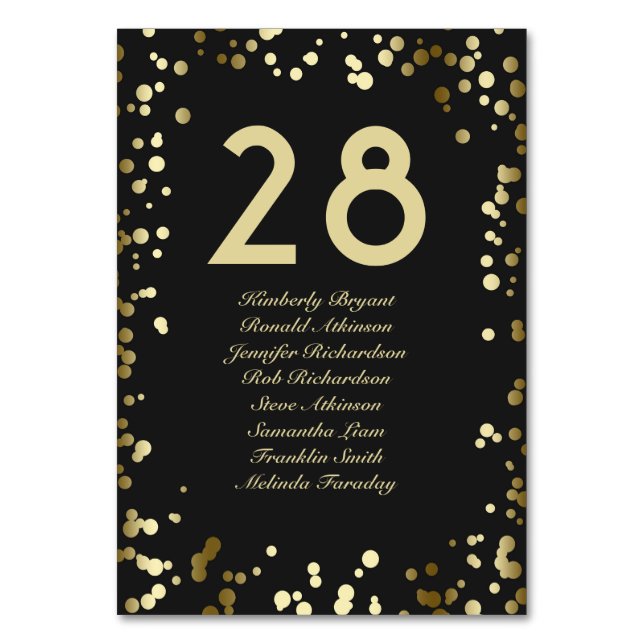 Gold Confetti Black Table Number with Names (Front)