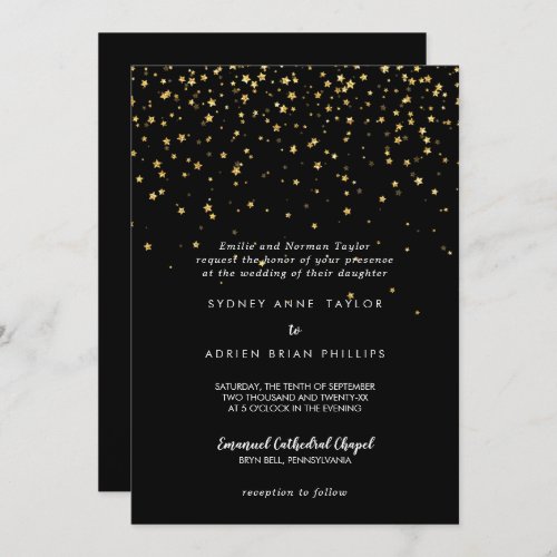Gold Confetti  Black Traditional Wedding Invitation