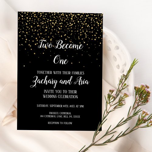Gold ConfettiBlack Two Become One Wedding Gold Foil Invitation