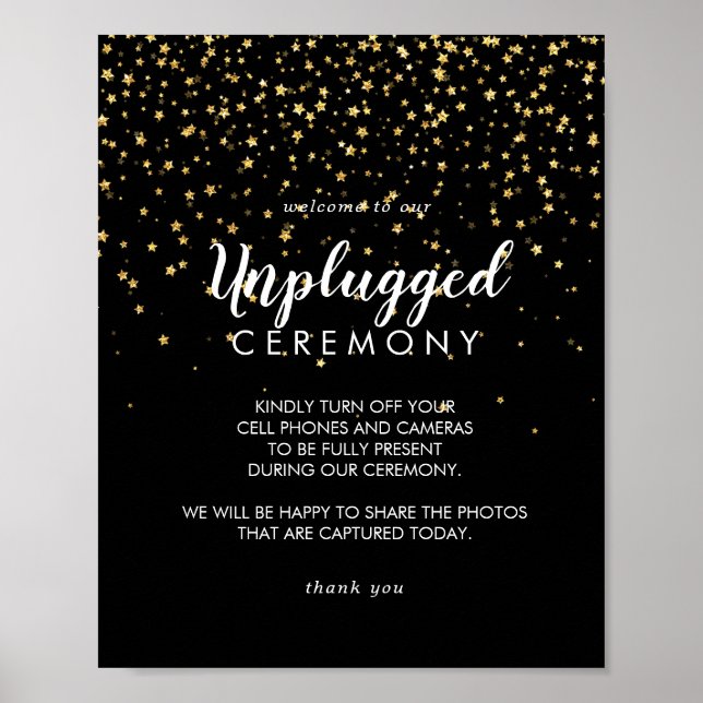Gold Confetti | Black Unplugged Ceremony Sign (Front)