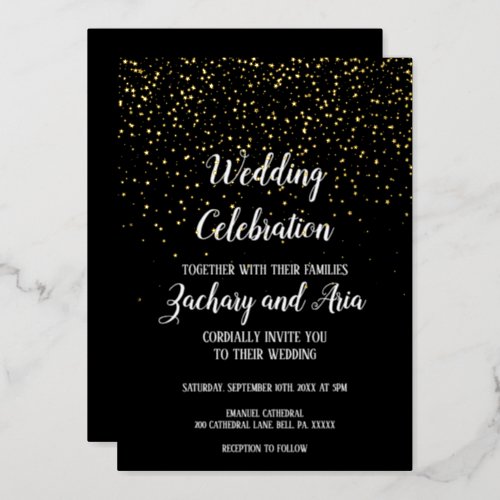 Gold Confetti  Black Wedding Celebration Gold Foil Invitation