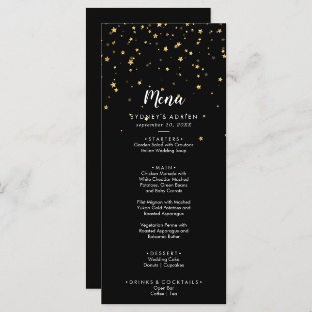 Gold Confetti | Black Wedding Dinner Menu (Front/Back)