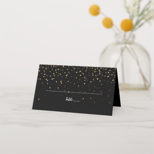 Gold Confetti  Black Wedding Place Card