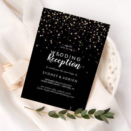 Gold Confetti  Black Wedding Reception Only Invitation