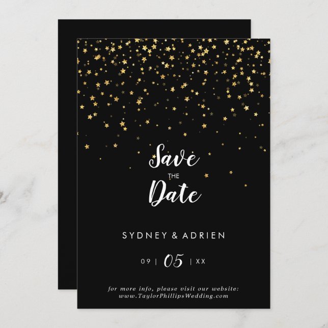 Gold Confetti | Black Wedding Save The Date (Front/Back)