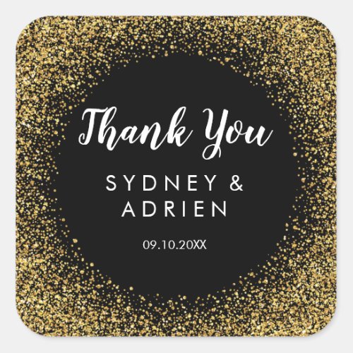 Gold Confetti  Black Wedding Thank You Favor Square Sticker