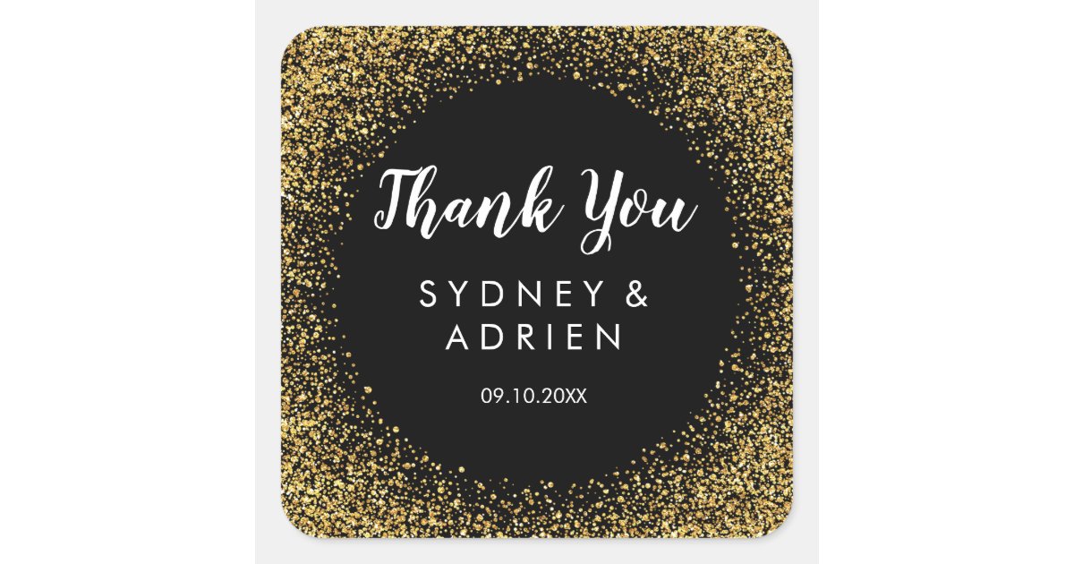 Gold Confetti | Black Wedding Thank You Favor Square Sticker | Zazzle