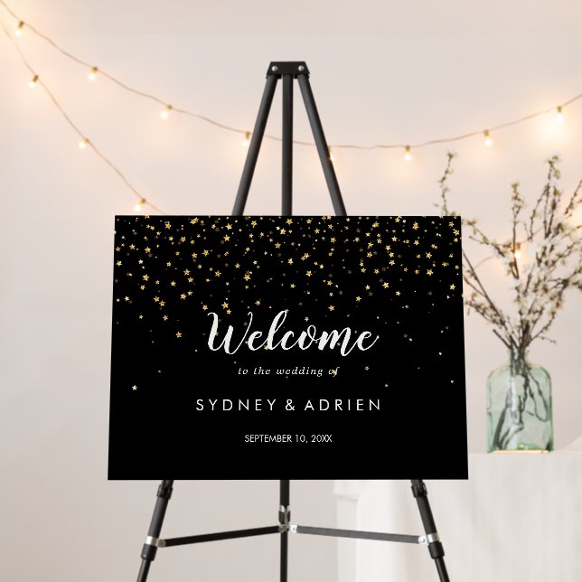 Gold Confetti | Black Wedding Welcome Foam Board (In Situ (Stand))
