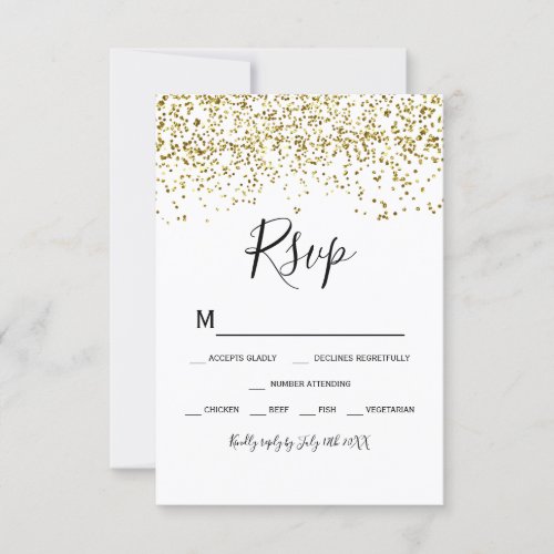 Gold confetti  black white typography rsvp