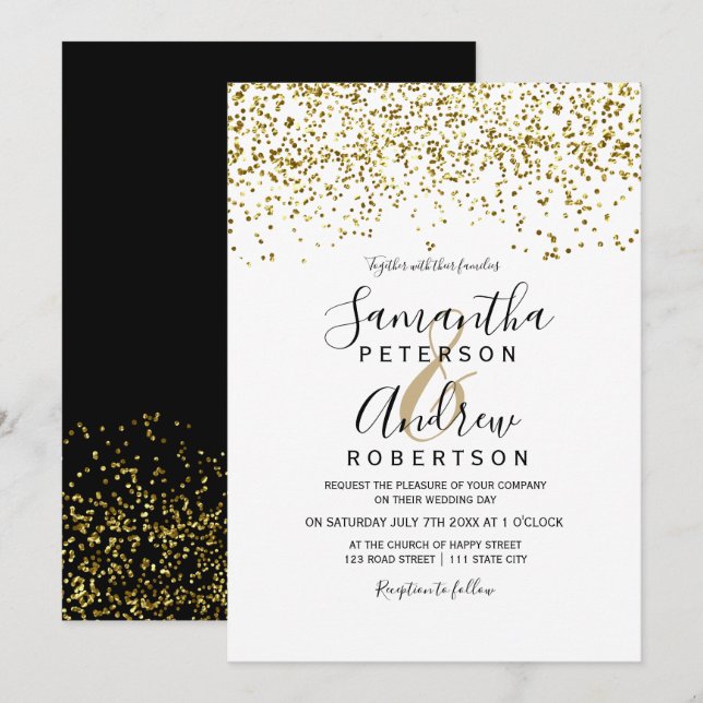 Gold confetti black white typography wedding invitation (Front/Back)