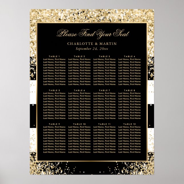 Gold Confetti Black White Wedding Seating Chart 12 (Front)