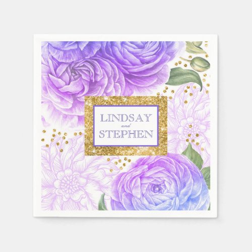 Gold Confetti Blue and Purple Vintage Floral Napkins