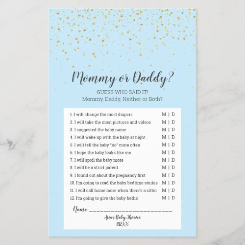 Gold Confetti Blue Baby Shower Mommy or Daddy Game Flyer