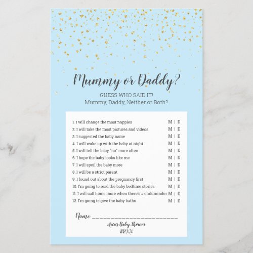 Gold Confetti Blue Baby Shower Mummy or Daddy Game Flyer