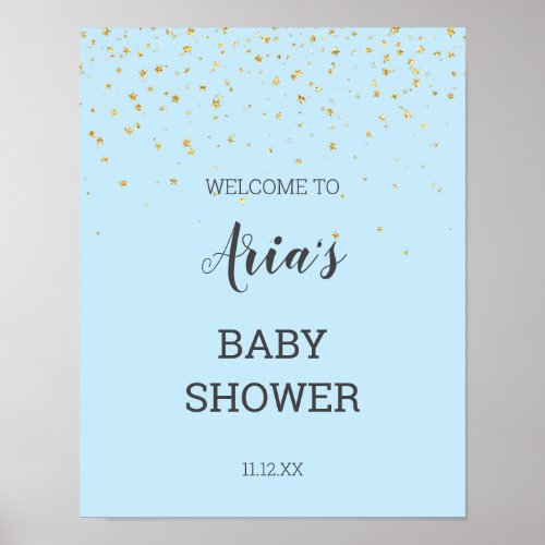 Gold Confetti Blue Baby Shower Welcome Sign