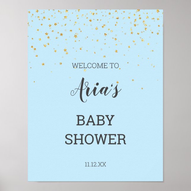 Gold Confetti Blue Baby Shower Welcome Sign (Front)