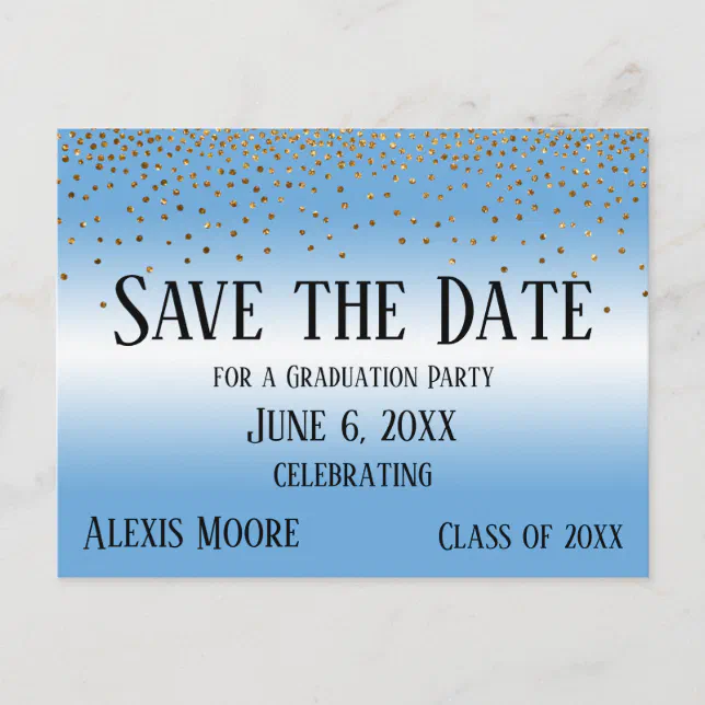 Gold Confetti Blue Graduation Party Save the Date Postcard | Zazzle