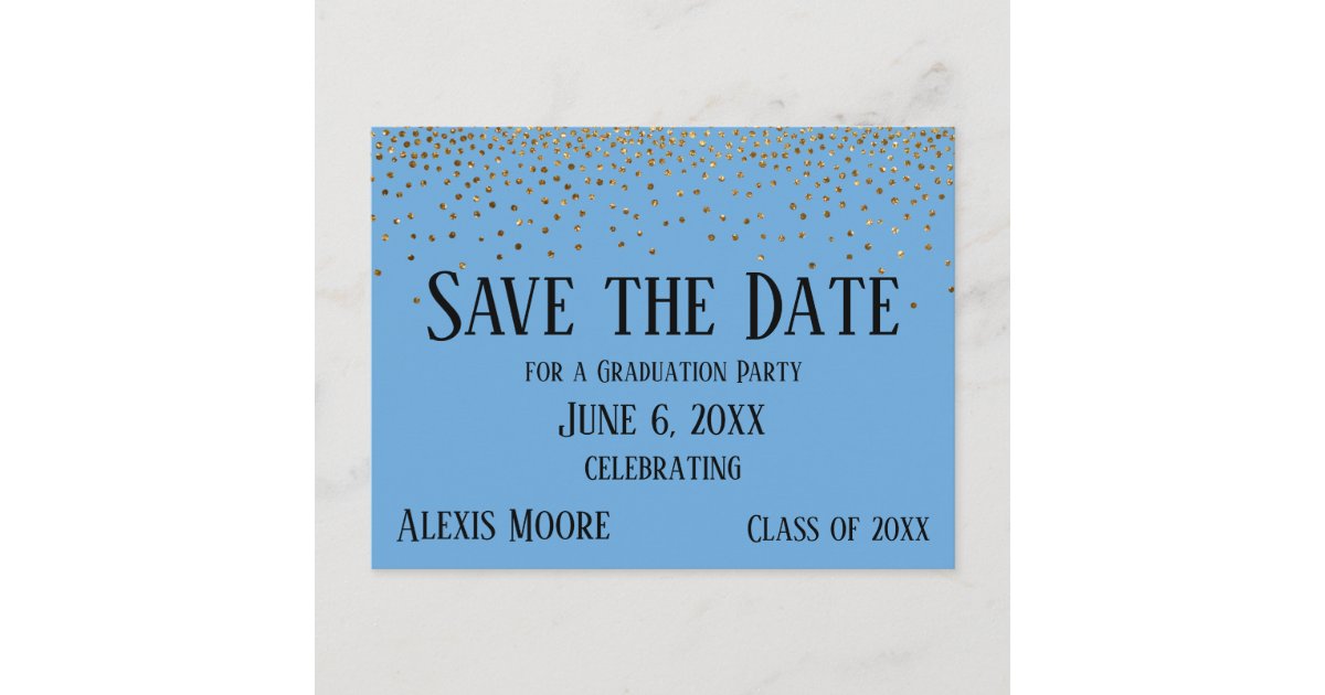 Gold Confetti Blue Graduation Party Save the Date Postcard | Zazzle