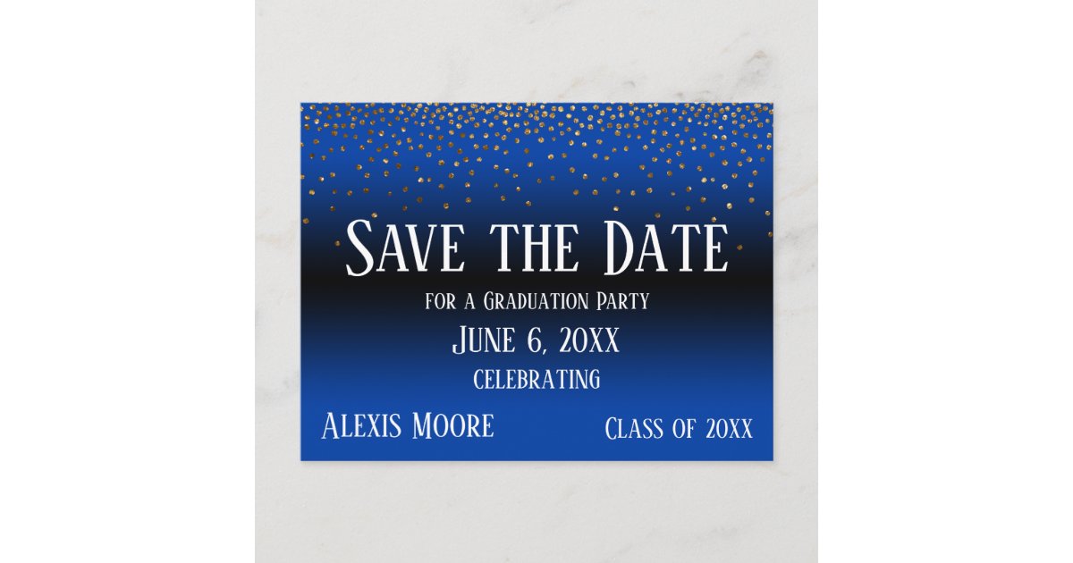 Gold Confetti Blue Ombre Graduation Save the Date Postcard | Zazzle