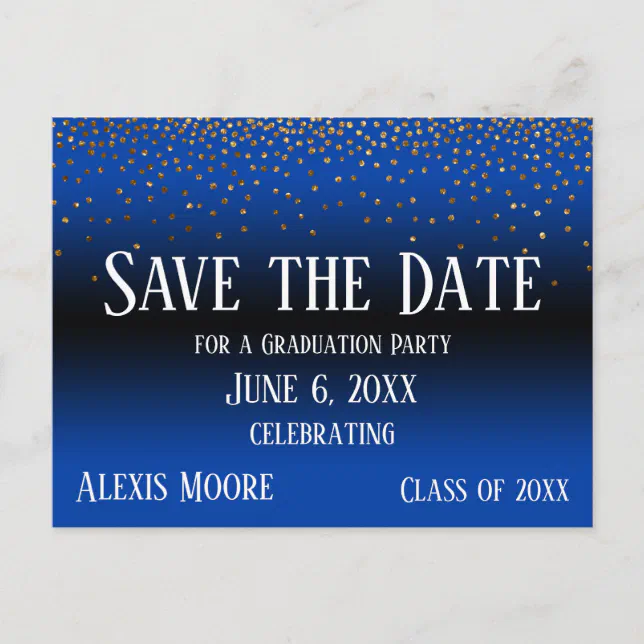 Gold Confetti Blue Ombre Graduation Save the Date Postcard | Zazzle