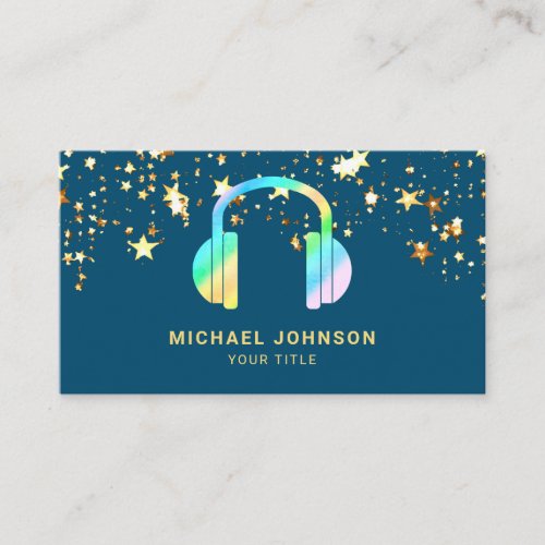 Gold Confetti Blue Rainbow Headphones Music DJ Business Card